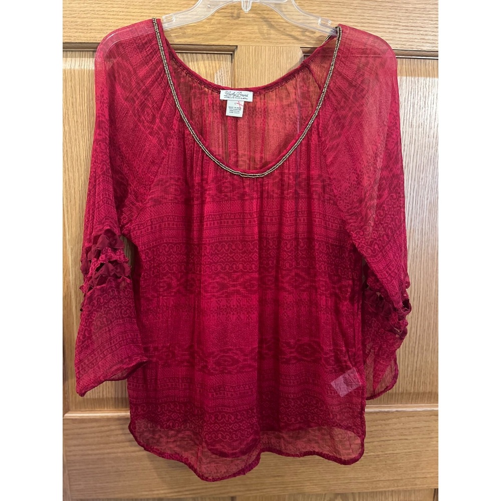Red Sheer Pullover Peasant Bohemian Beading Lace Sleeve Romantic Casual Large